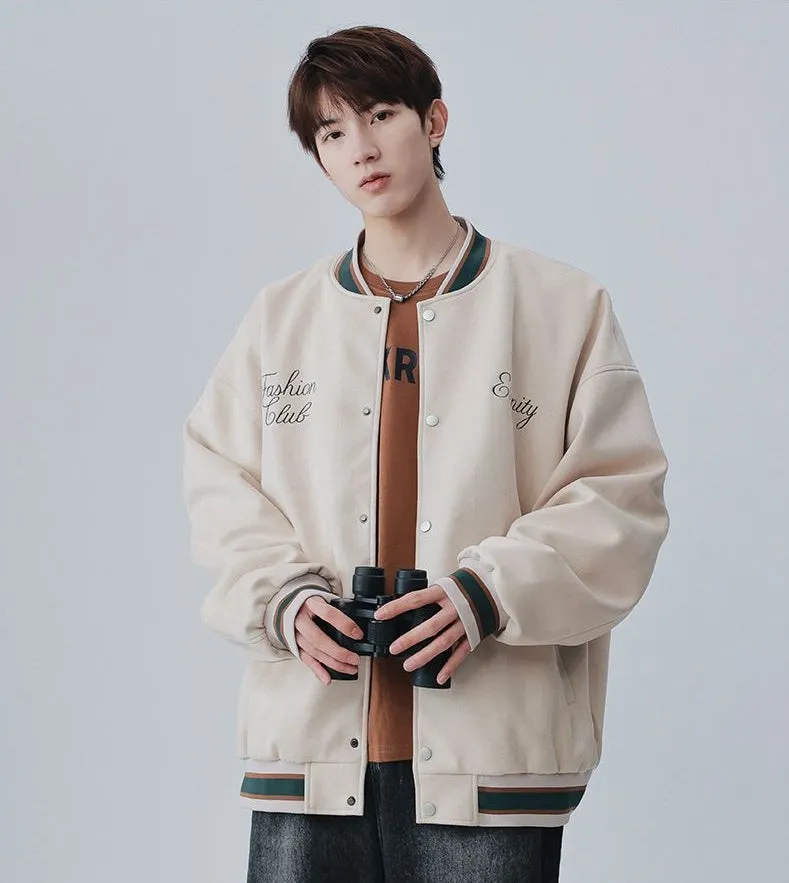 Retro Solid Varsity Jacket with Elastic Band Cuffs and Hem