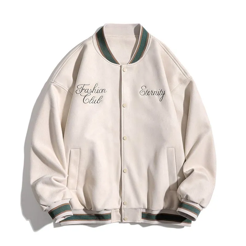 Retro Solid Varsity Jacket with Elastic Band Cuffs and Hem