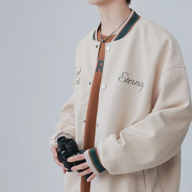Retro Solid Varsity Jacket with Elastic Band Cuffs and Hem