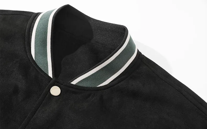 Retro Solid Varsity Jacket with Elastic Band Cuffs and Hem