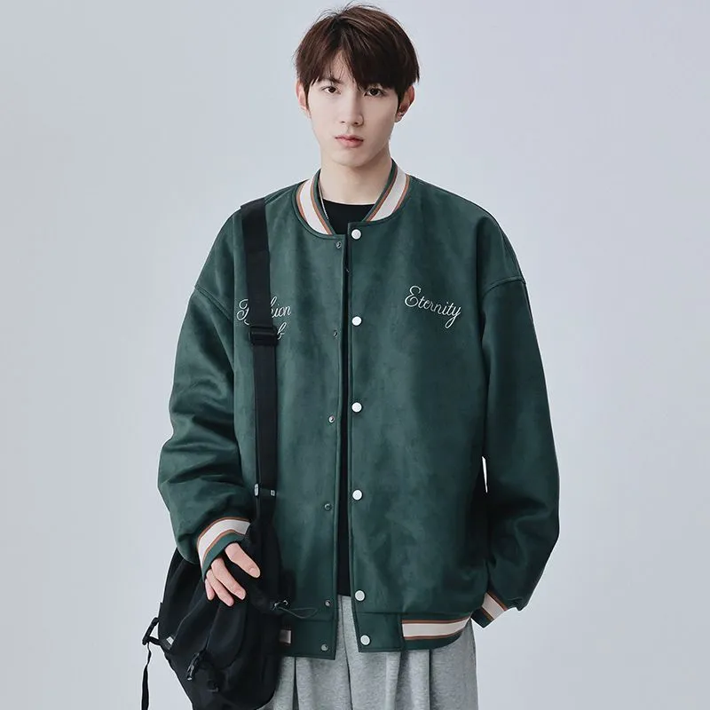 Retro Solid Varsity Jacket with Elastic Band Cuffs and Hem