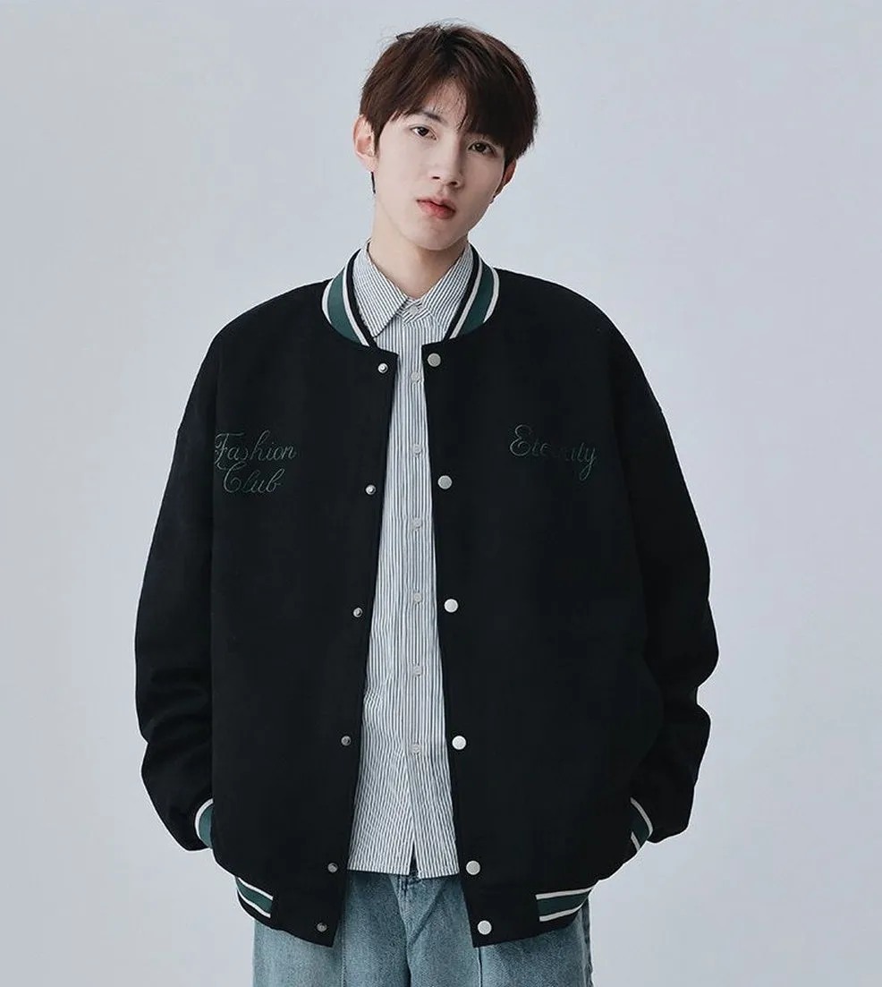 Retro Solid Varsity Jacket with Elastic Band Cuffs and Hem