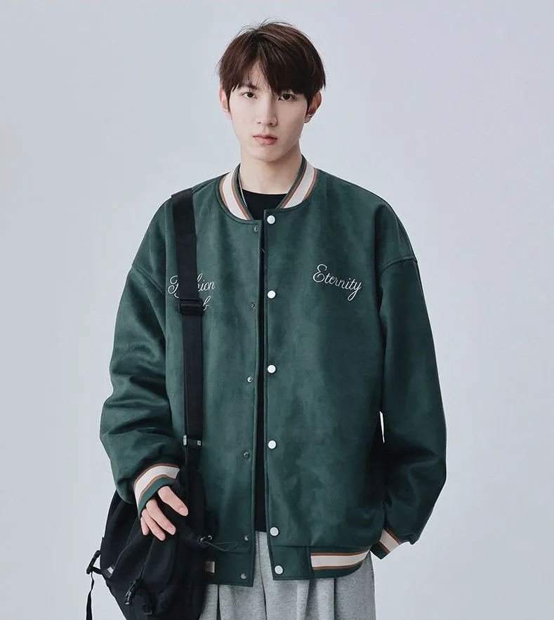 Retro Solid Varsity Jacket with Elastic Band Cuffs and Hem
