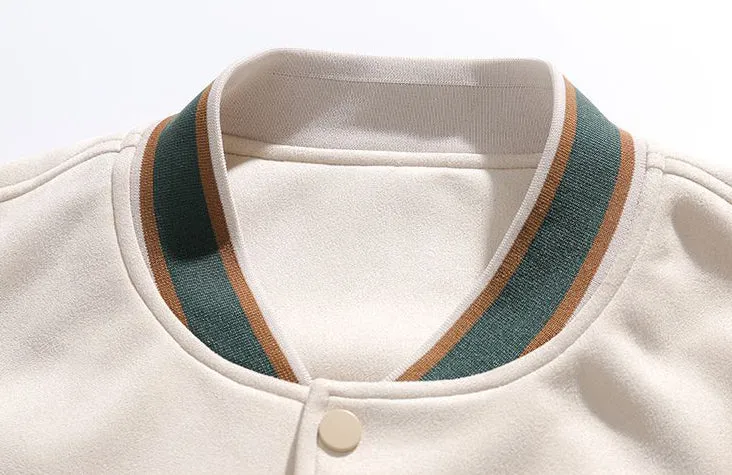 Retro Solid Varsity Jacket with Elastic Band Cuffs and Hem
