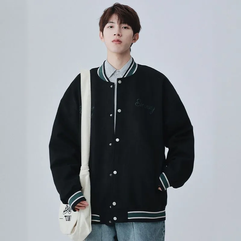 Retro Solid Varsity Jacket with Elastic Band Cuffs and Hem