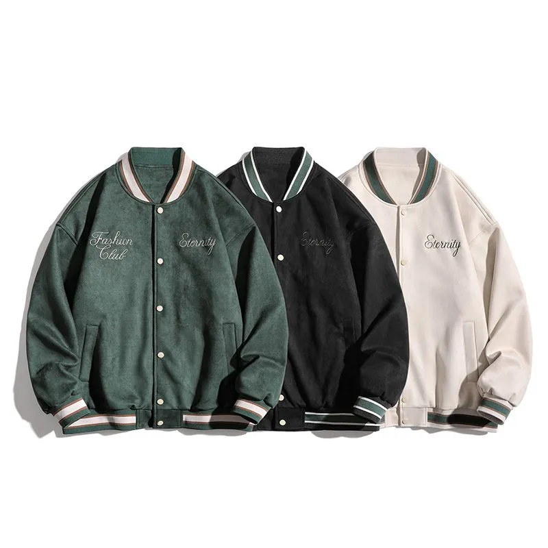 Retro Solid Varsity Jacket with Elastic Band Cuffs and Hem