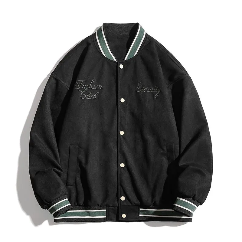 Retro Solid Varsity Jacket with Elastic Band Cuffs and Hem