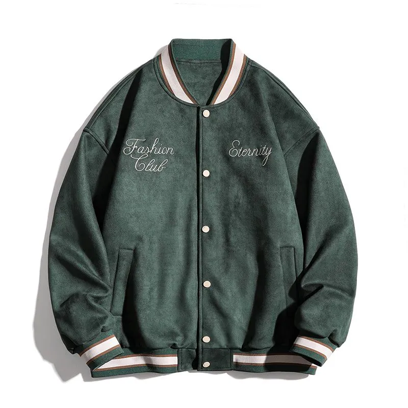 Retro Solid Varsity Jacket with Elastic Band Cuffs and Hem