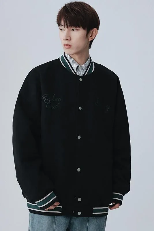 Retro Solid Varsity Jacket with Elastic Band Cuffs and Hem