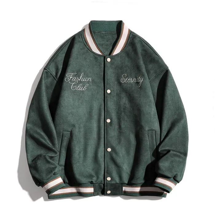Retro Solid Varsity Jacket with Elastic Band Cuffs and Hem