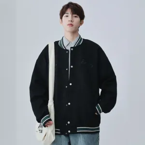 Retro Solid Varsity Jacket with Elastic Band Cuffs and Hem