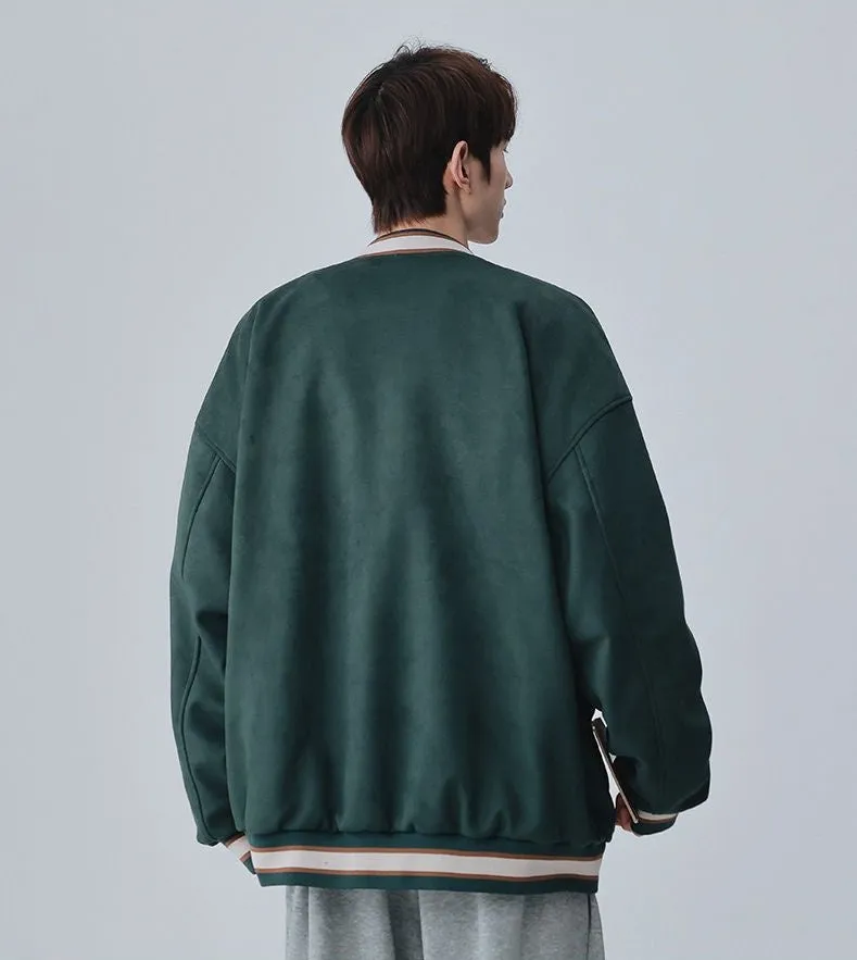 Retro Solid Varsity Jacket with Elastic Band Cuffs and Hem