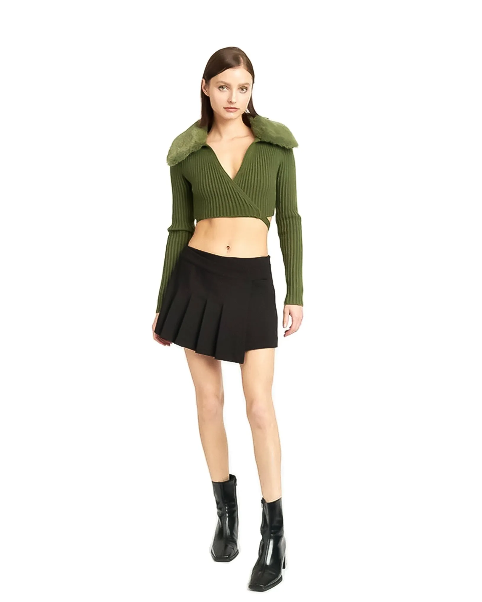 Ribbed Crop Wrap Sweater w/ Plush Collar