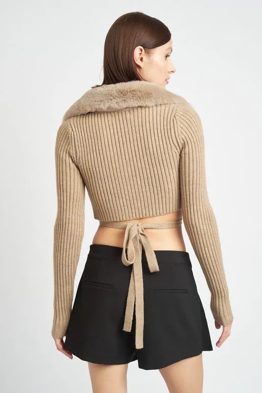 Ribbed Crop Wrap Sweater w/ Plush Collar