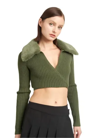 Ribbed Crop Wrap Sweater w/ Plush Collar