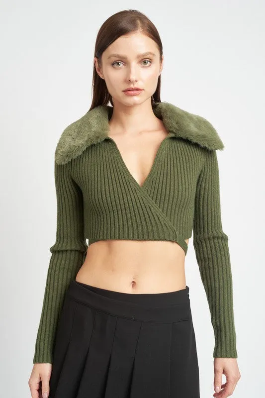 Ribbed Crop Wrap Sweater w/ Plush Collar