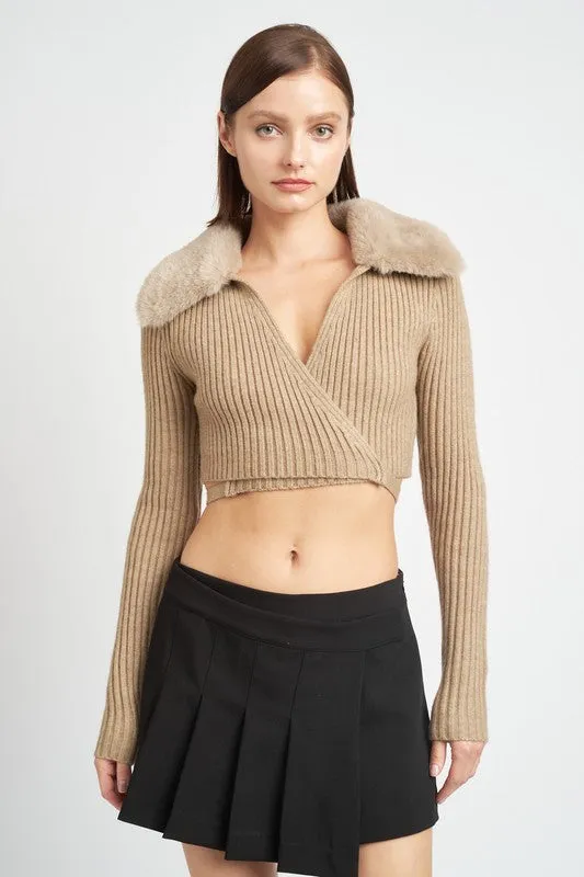 Ribbed Crop Wrap Sweater w/ Plush Collar