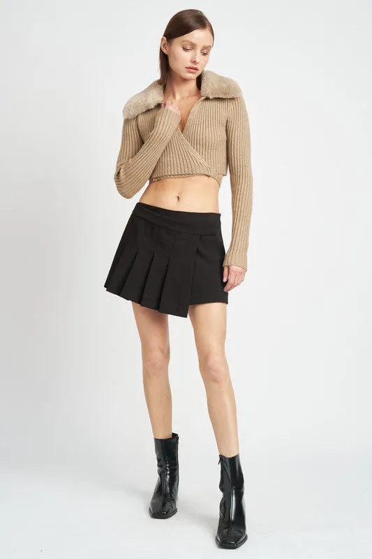 Ribbed Crop Wrap Sweater w/ Plush Collar