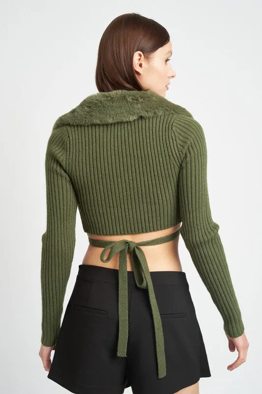 Ribbed Crop Wrap Sweater w/ Plush Collar