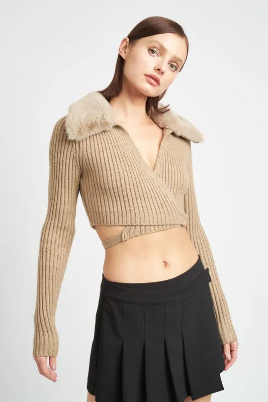 Ribbed Crop Wrap Sweater w/ Plush Collar