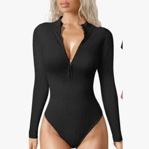 Ribbed Knit Zipper Slim Fit Bodysuit