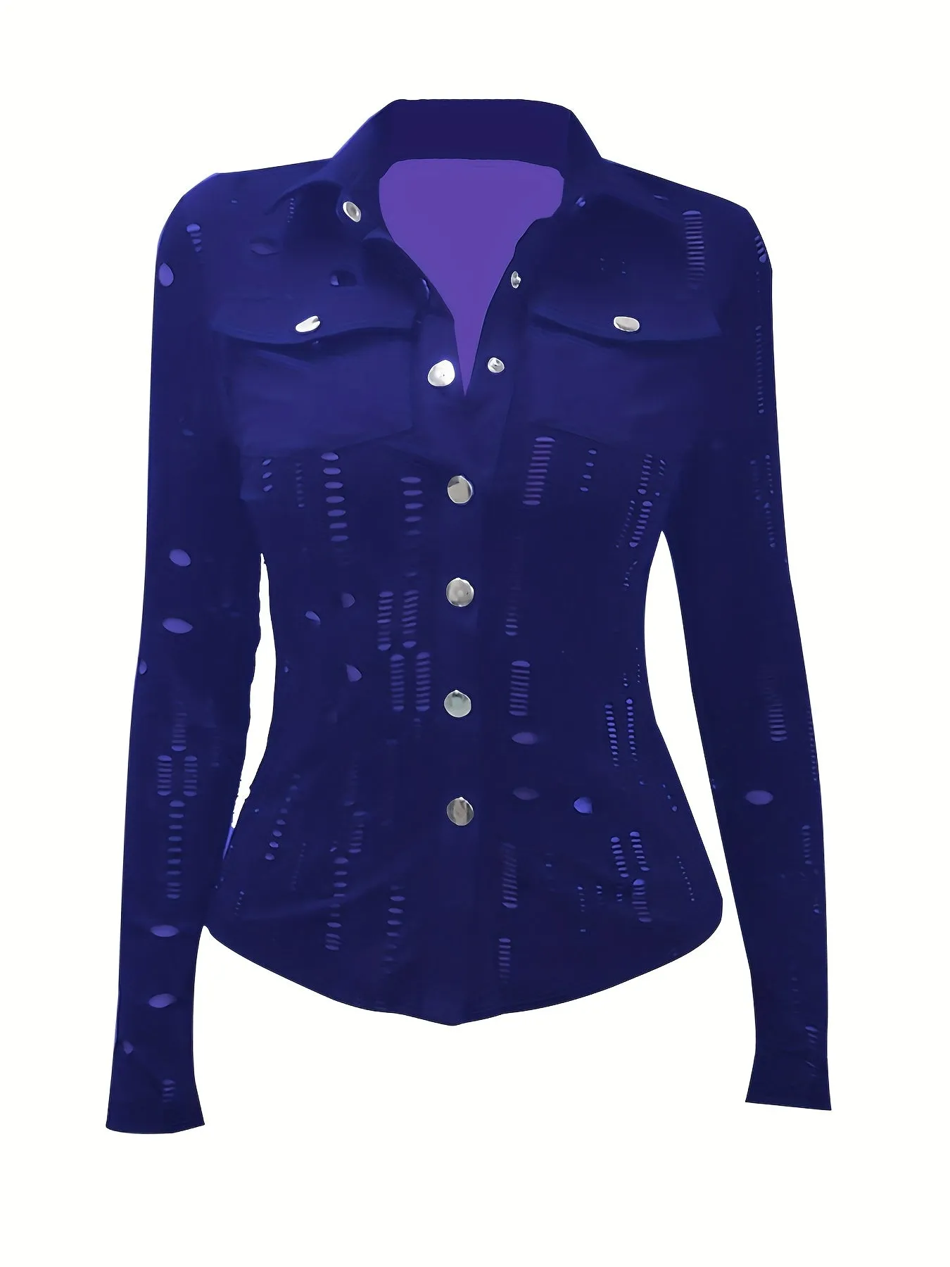 Ripped V-neck Loose Lapel Blouses, Casual Button Down Long Sleeve Skinny Shirts Tops, Women's Clothing
