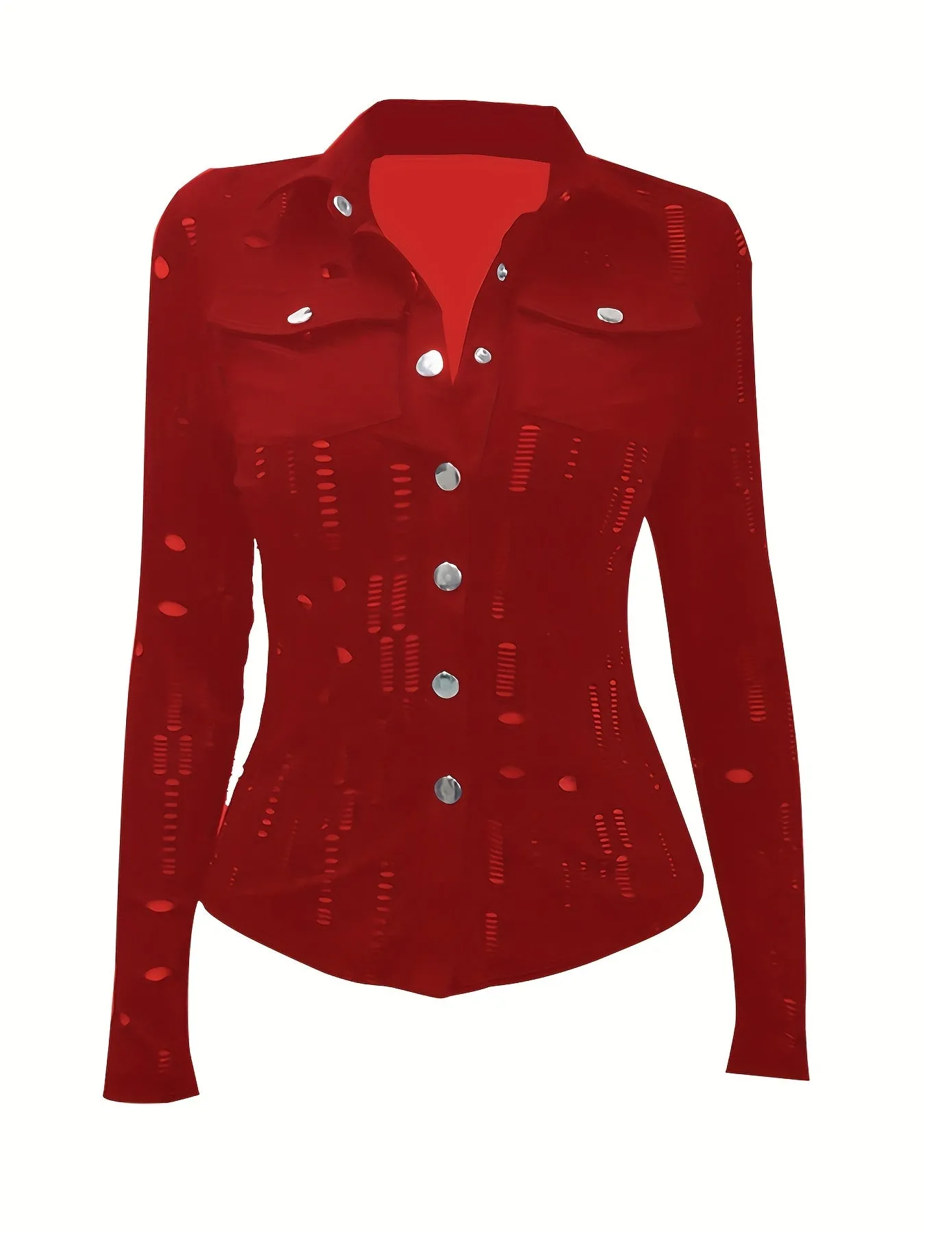 Ripped V-neck Loose Lapel Blouses, Casual Button Down Long Sleeve Skinny Shirts Tops, Women's Clothing