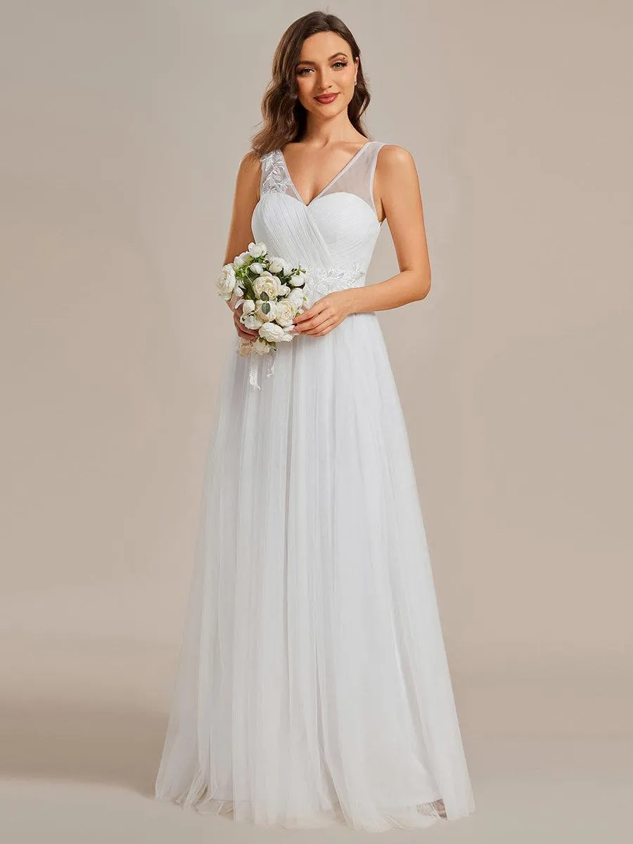 Robe de demoiselle d'honneur longue élégante à col en V et appliques