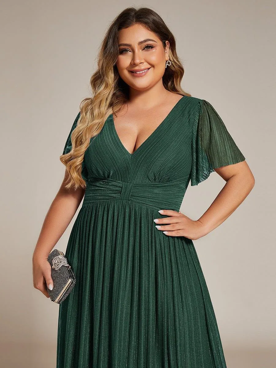 Robe de soirée formelle scintillante à manches courtes et col en V de grande taille