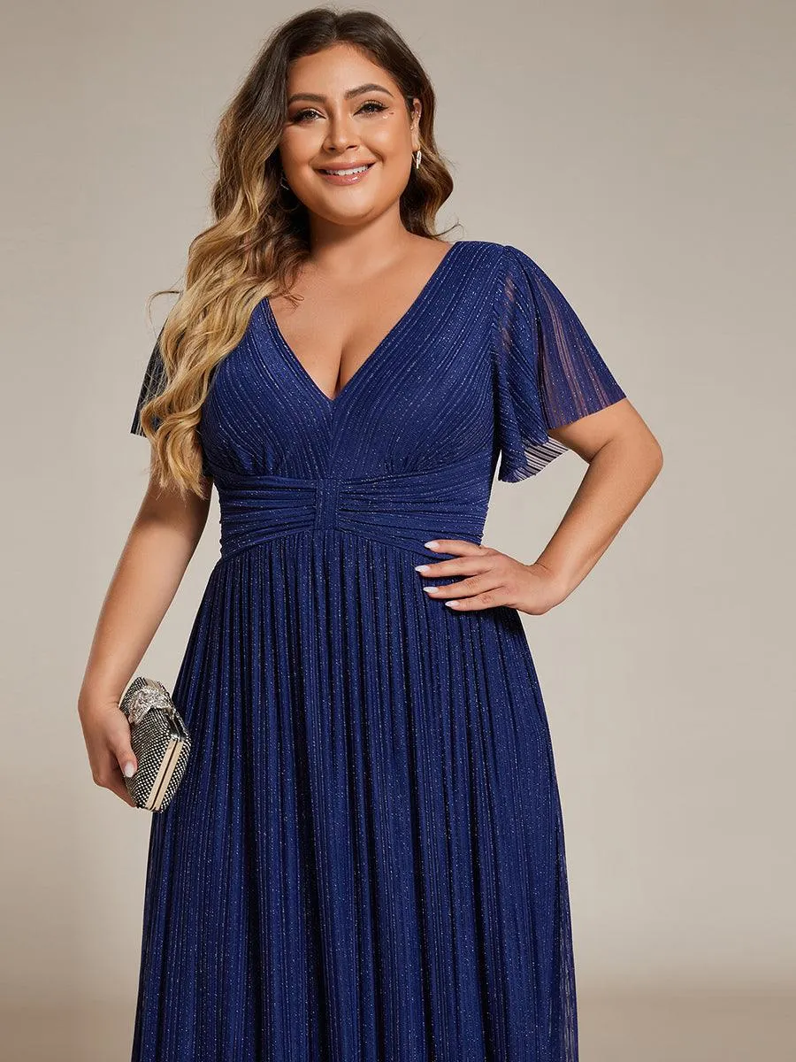 Robe de soirée formelle scintillante à manches courtes et col en V de grande taille