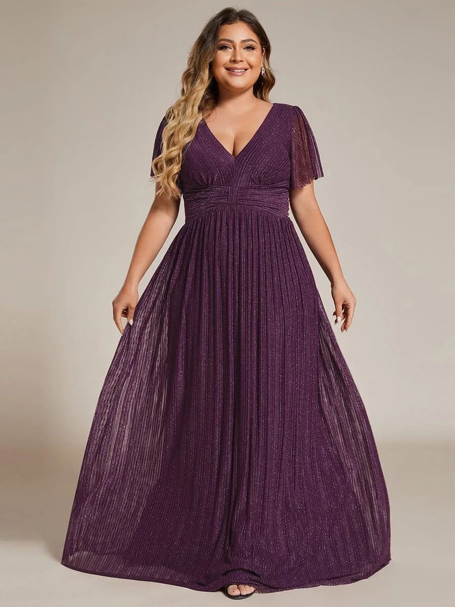 Robe de soirée formelle scintillante à manches courtes et col en V de grande taille