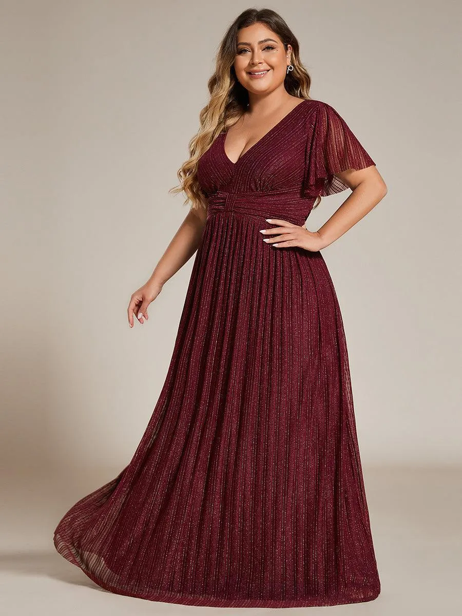 Robe de soirée formelle scintillante à manches courtes et col en V de grande taille
