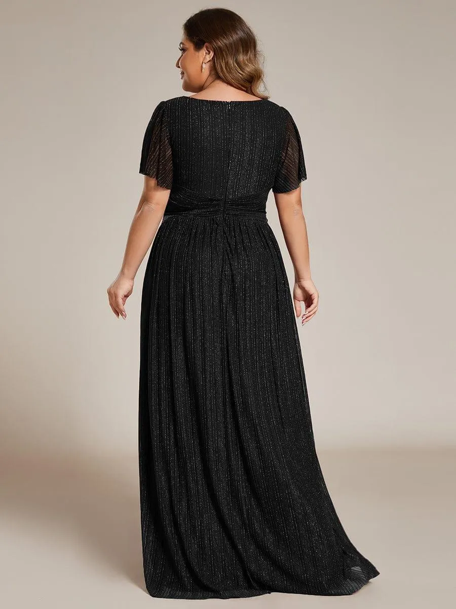 Robe de soirée formelle scintillante à manches courtes et col en V de grande taille
