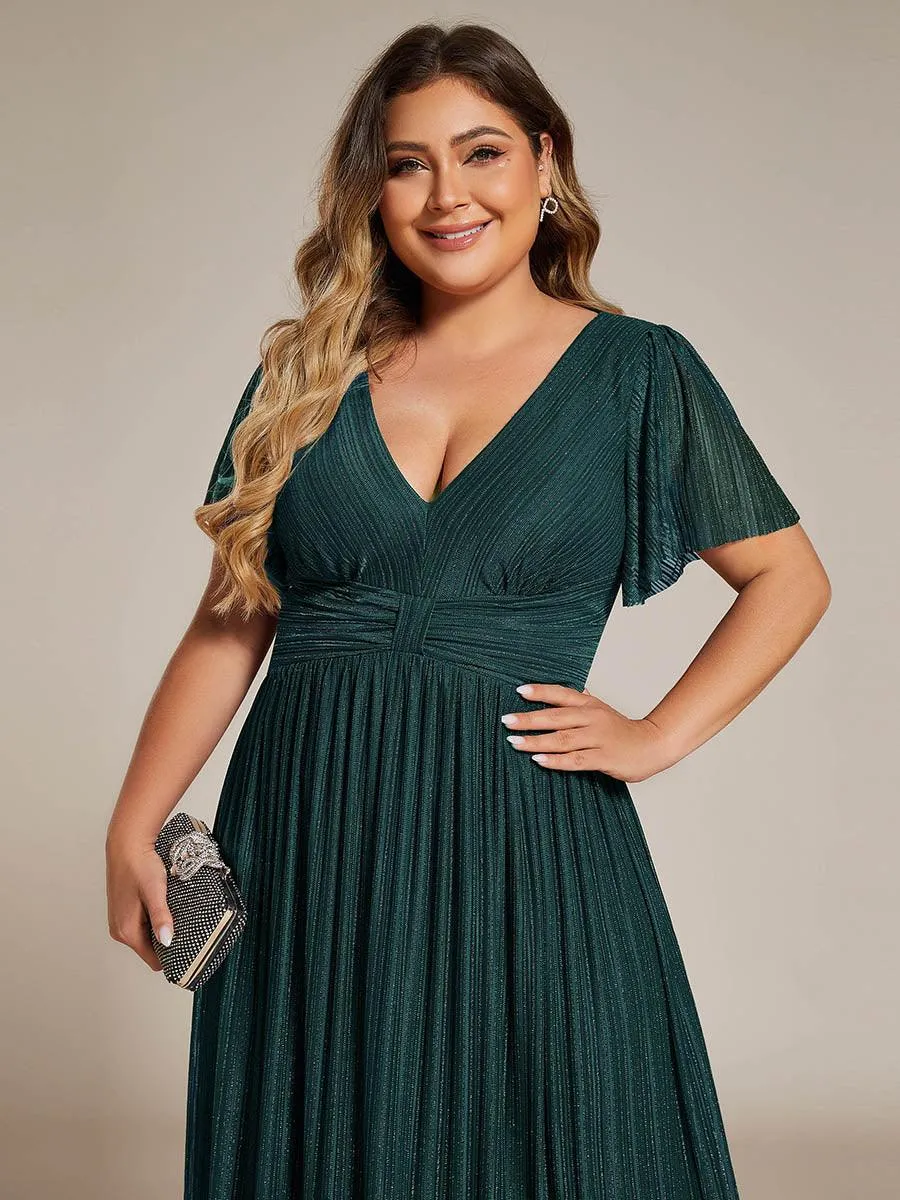 Robe de soirée formelle scintillante à manches courtes et col en V de grande taille