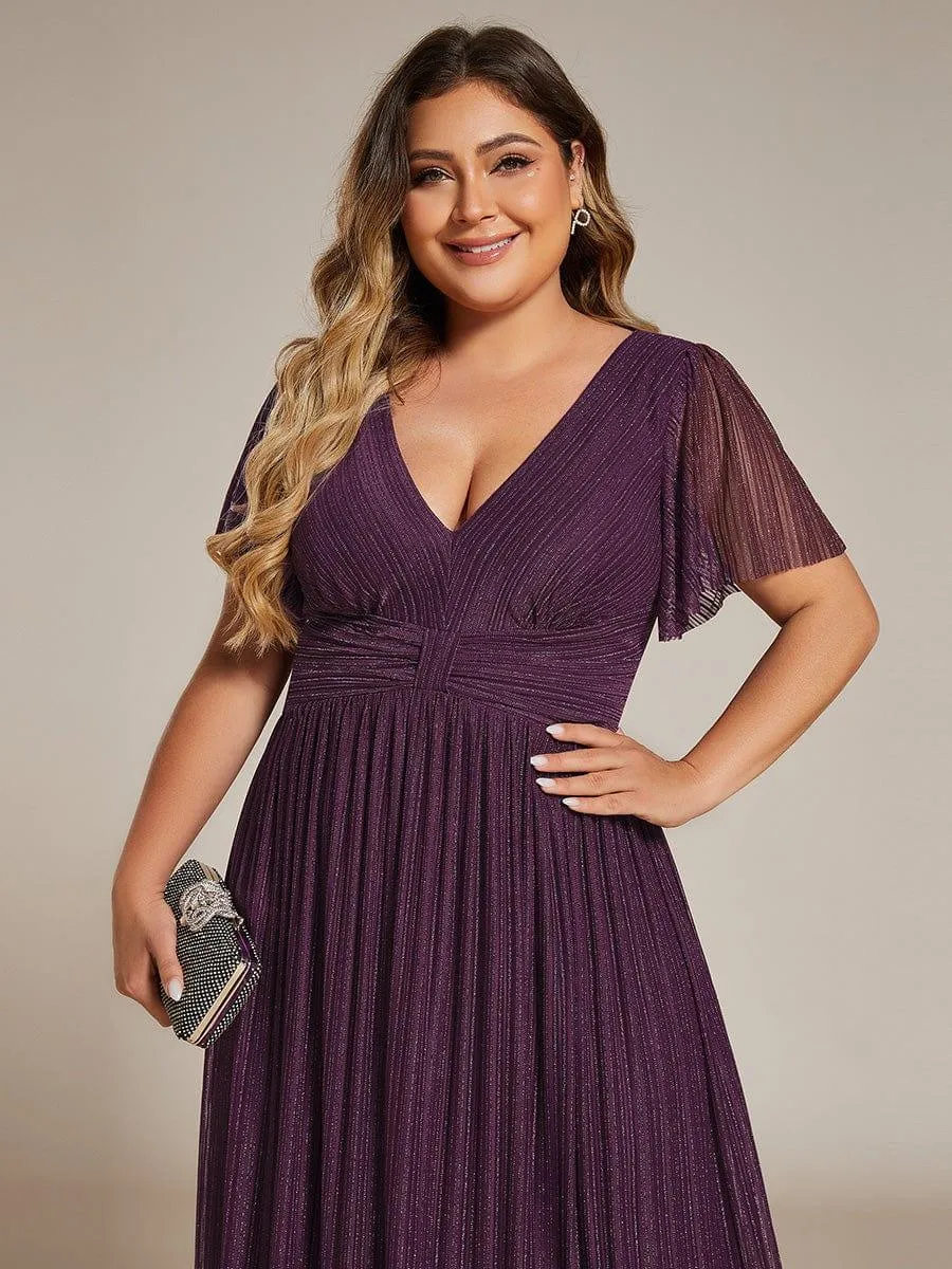 Robe de soirée formelle scintillante à manches courtes et col en V de grande taille