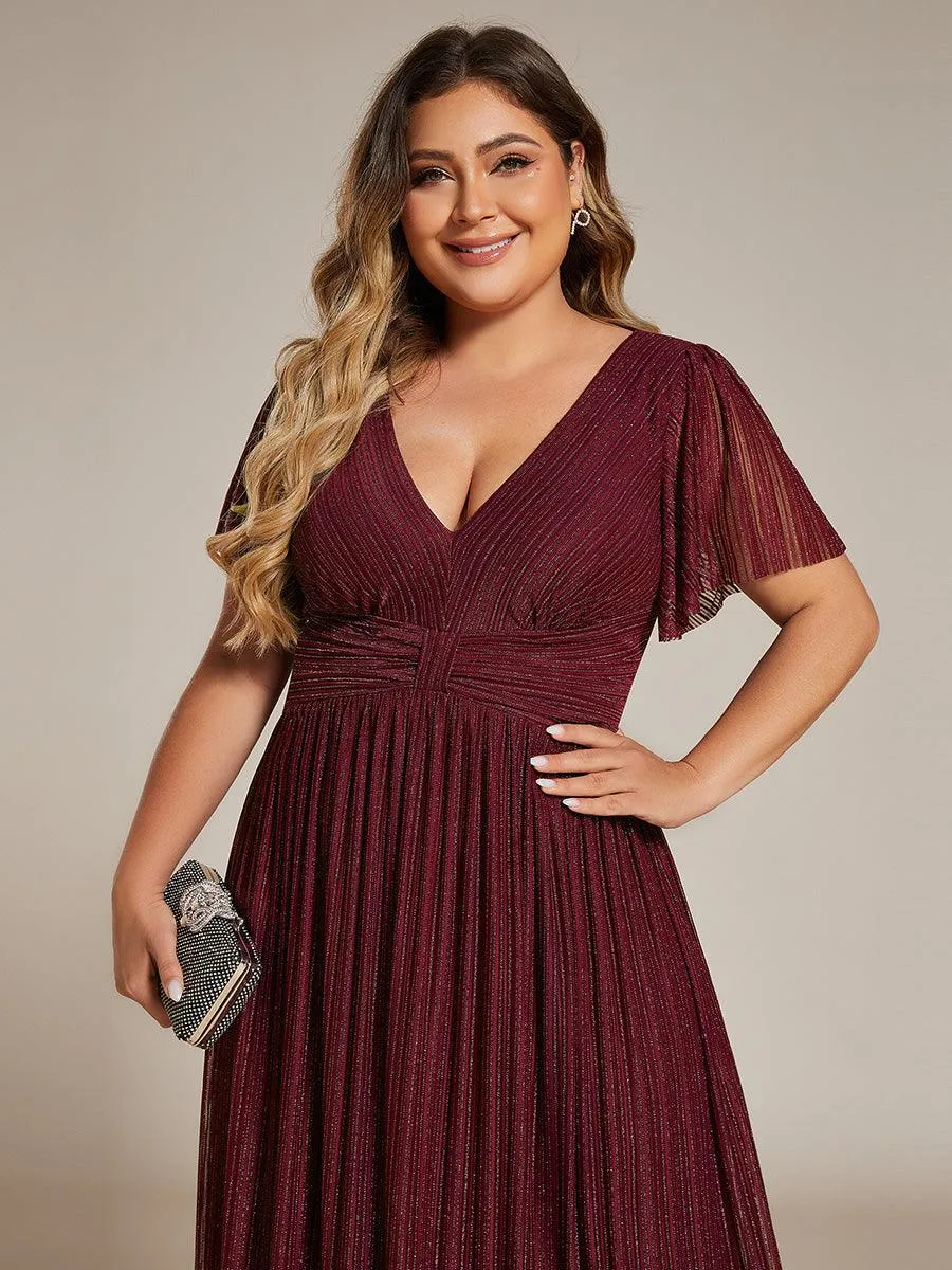 Robe de soirée formelle scintillante à manches courtes et col en V de grande taille