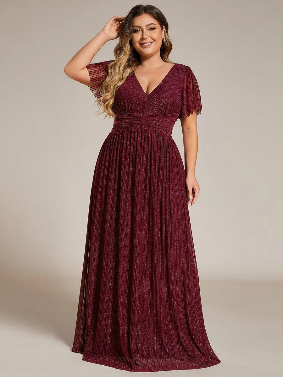 Robe de soirée formelle scintillante à manches courtes et col en V de grande taille