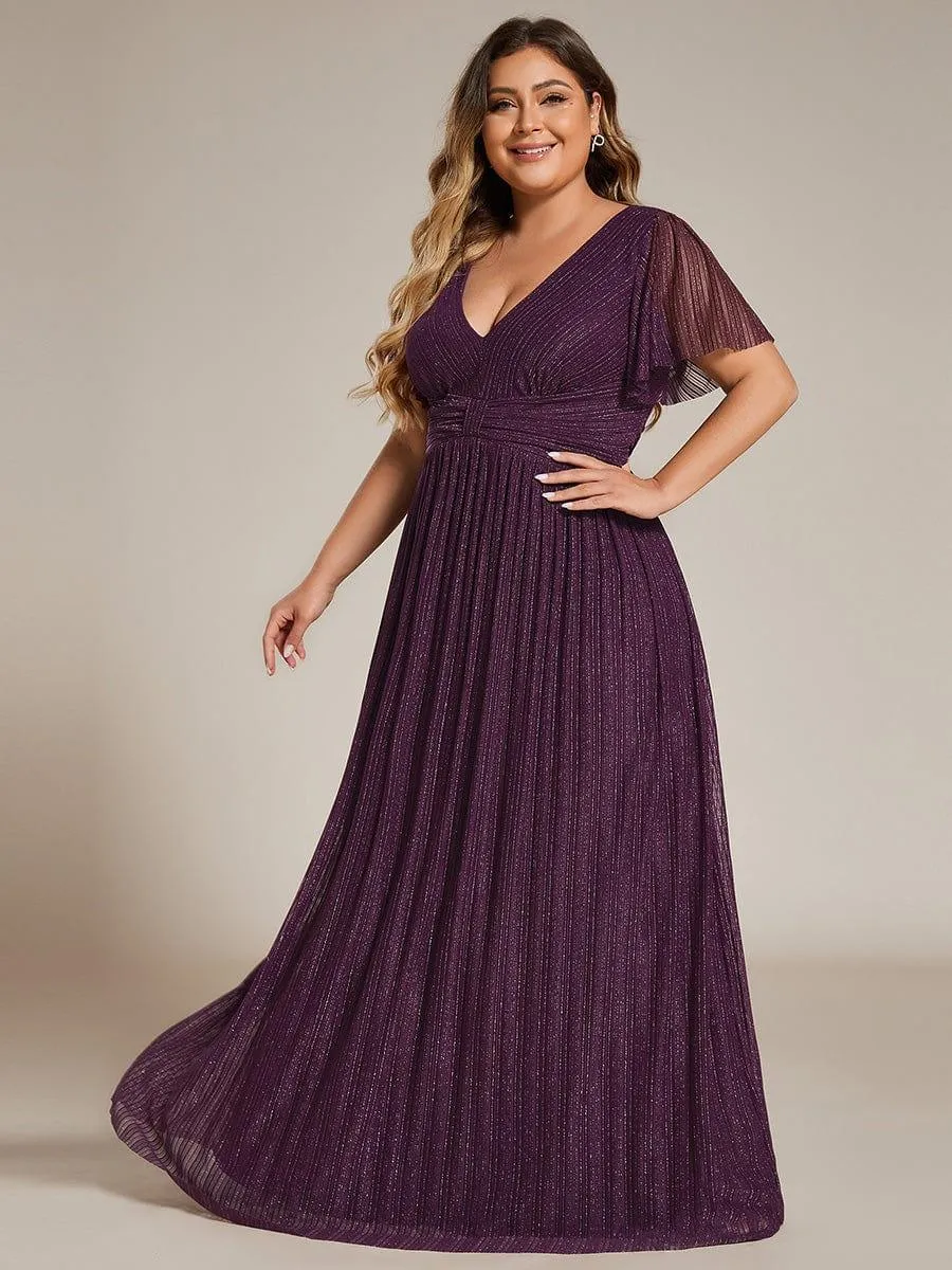 Robe de soirée formelle scintillante à manches courtes et col en V de grande taille