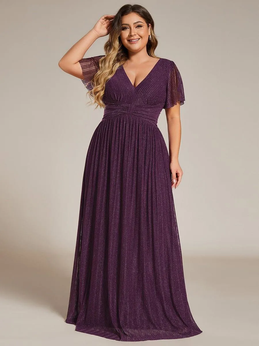 Robe de soirée formelle scintillante à manches courtes et col en V de grande taille