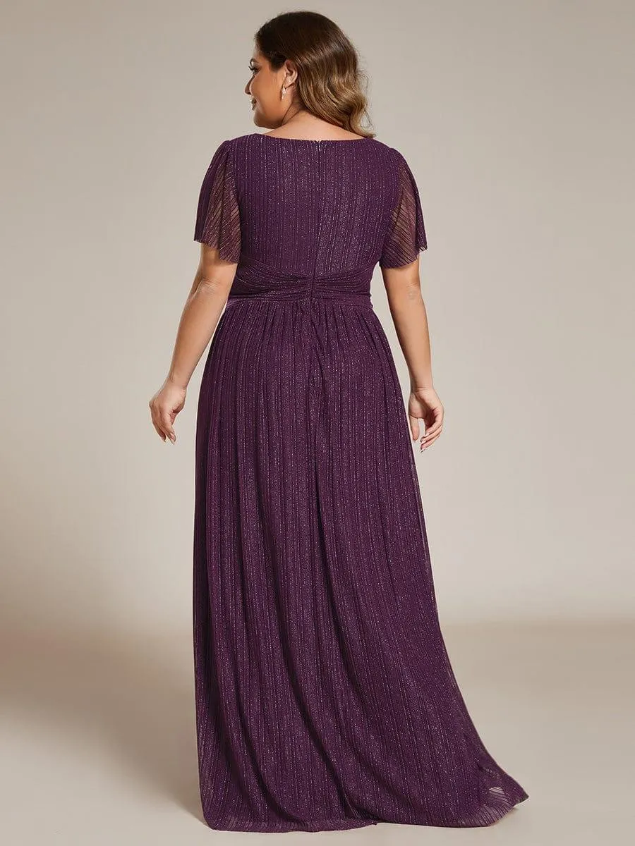 Robe de soirée formelle scintillante à manches courtes et col en V de grande taille
