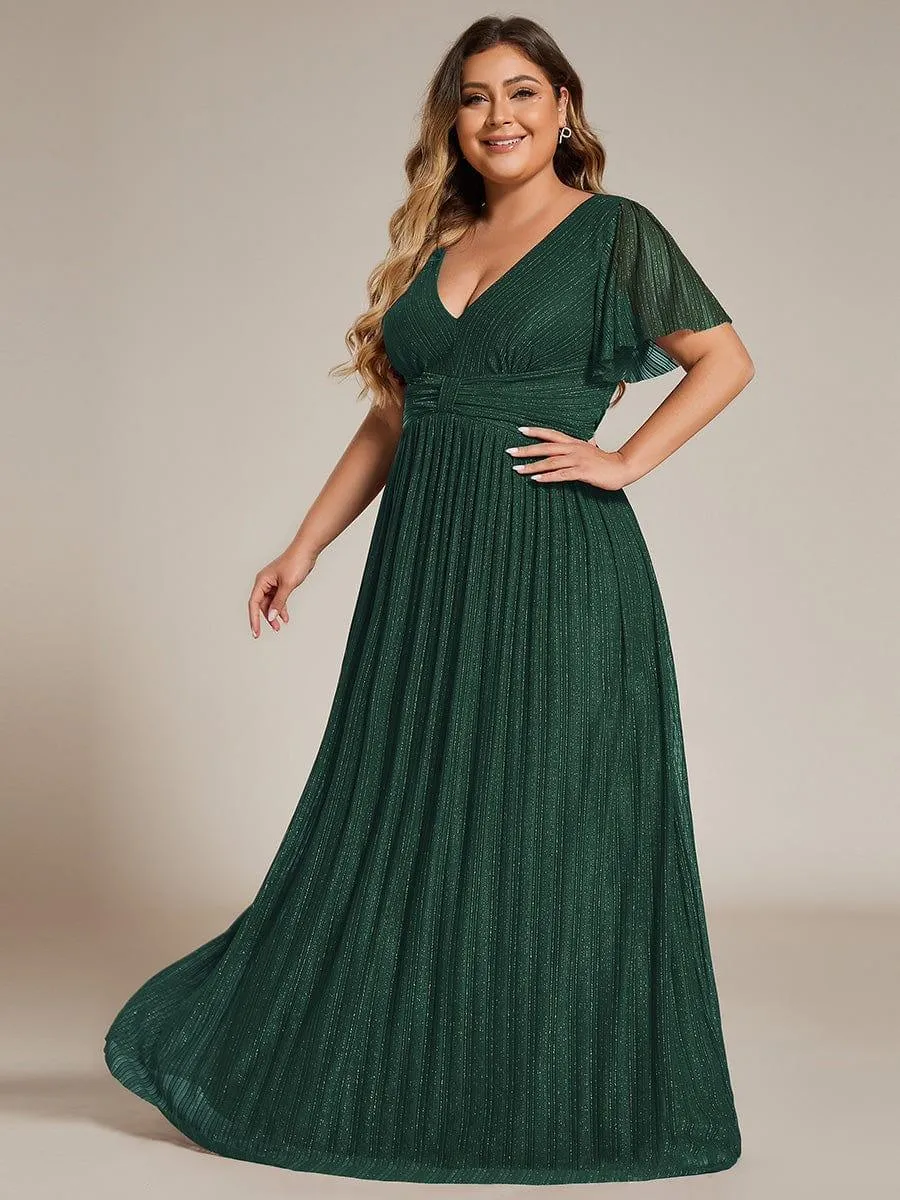 Robe de soirée formelle scintillante à manches courtes et col en V de grande taille