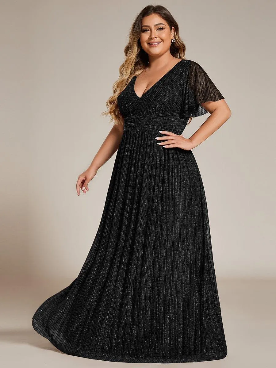 Robe de soirée formelle scintillante à manches courtes et col en V de grande taille