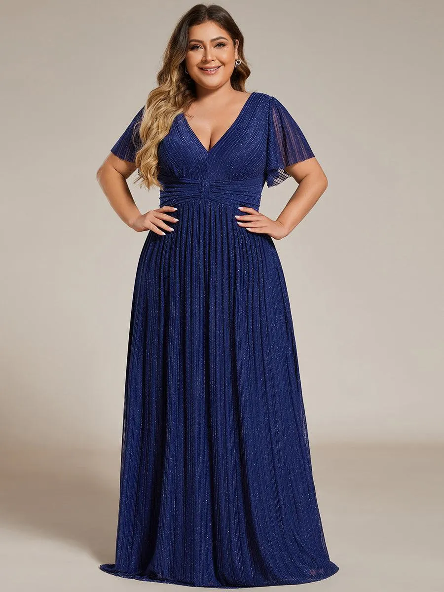 Robe de soirée formelle scintillante à manches courtes et col en V de grande taille