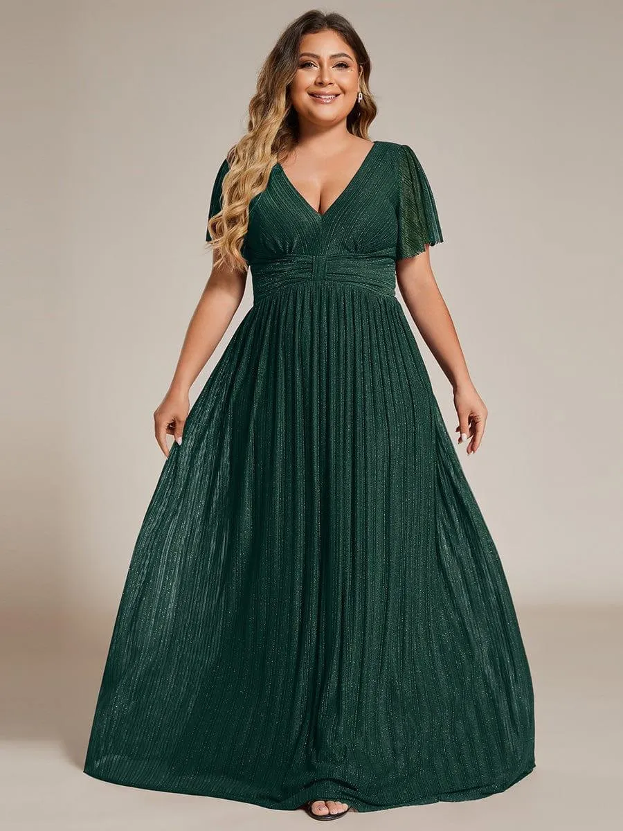 Robe de soirée formelle scintillante à manches courtes et col en V de grande taille