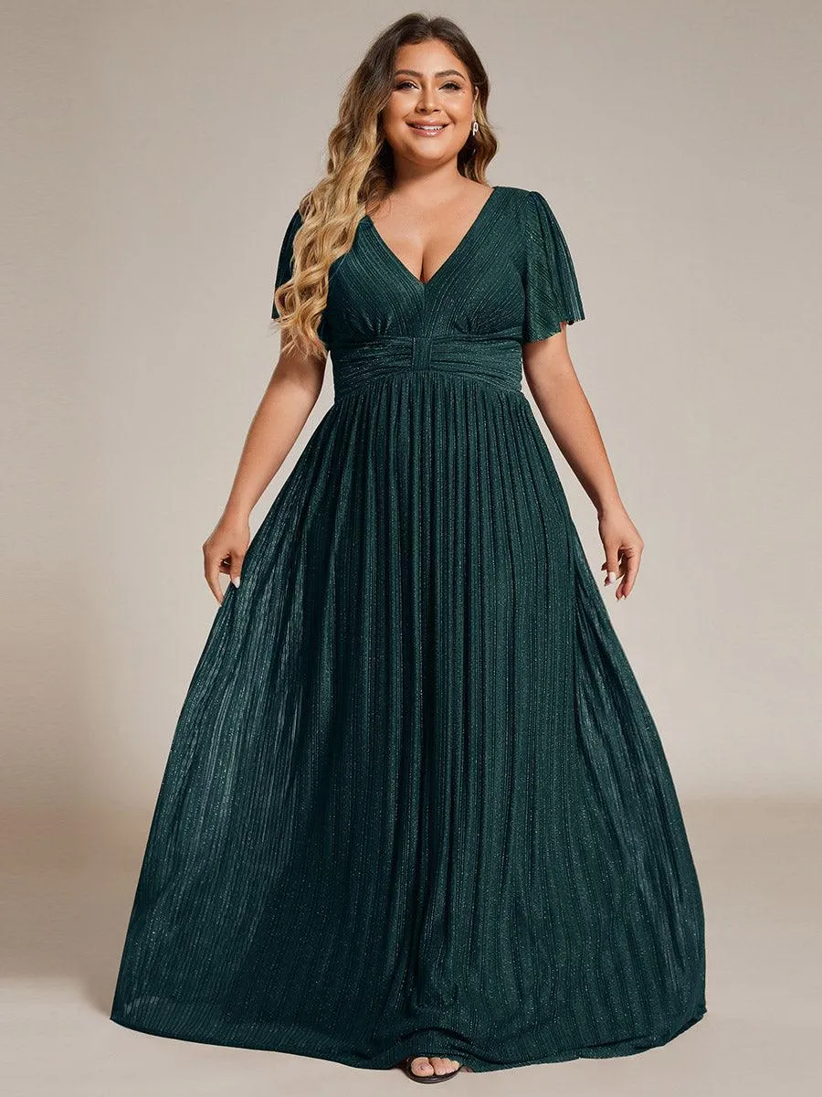 Robe de soirée formelle scintillante à manches courtes et col en V de grande taille
