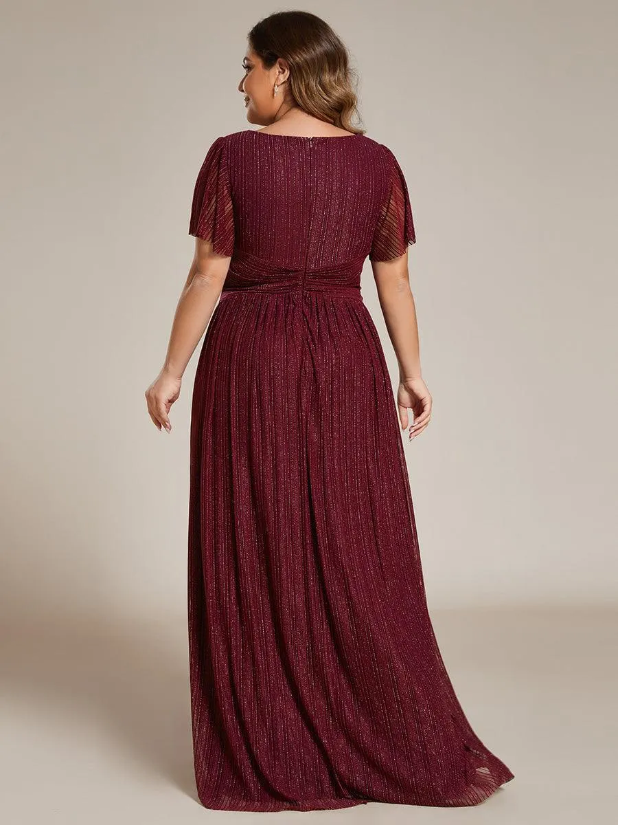 Robe de soirée formelle scintillante à manches courtes et col en V de grande taille