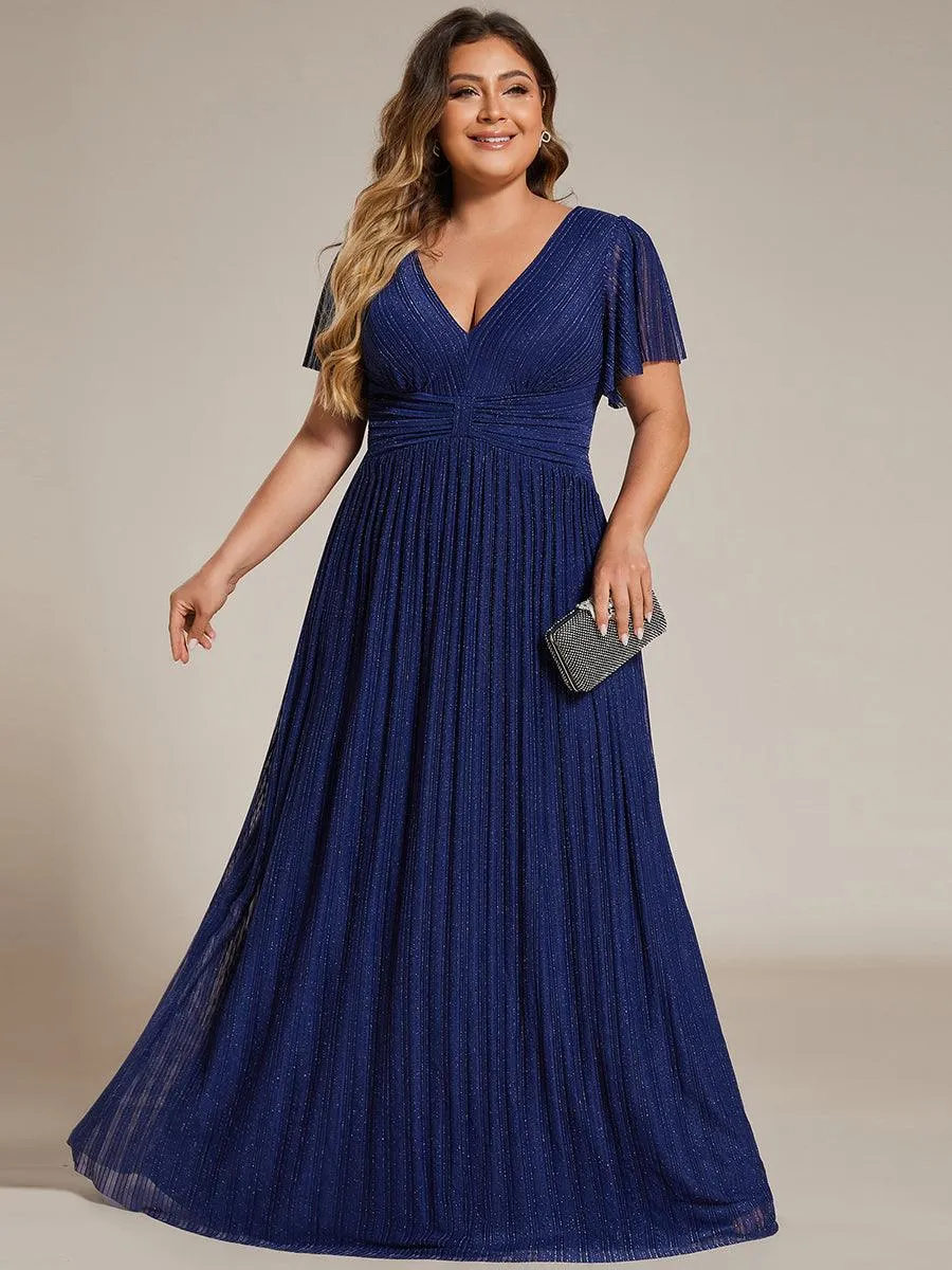 Robe de soirée formelle scintillante à manches courtes et col en V de grande taille