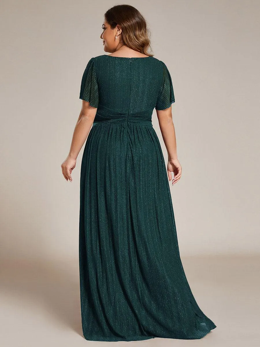 Robe de soirée formelle scintillante à manches courtes et col en V de grande taille