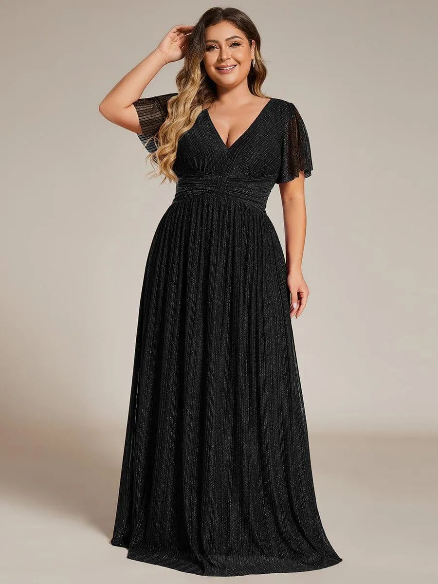 Robe de soirée formelle scintillante à manches courtes et col en V de grande taille