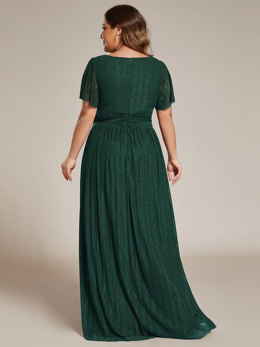Robe de soirée formelle scintillante à manches courtes et col en V de grande taille